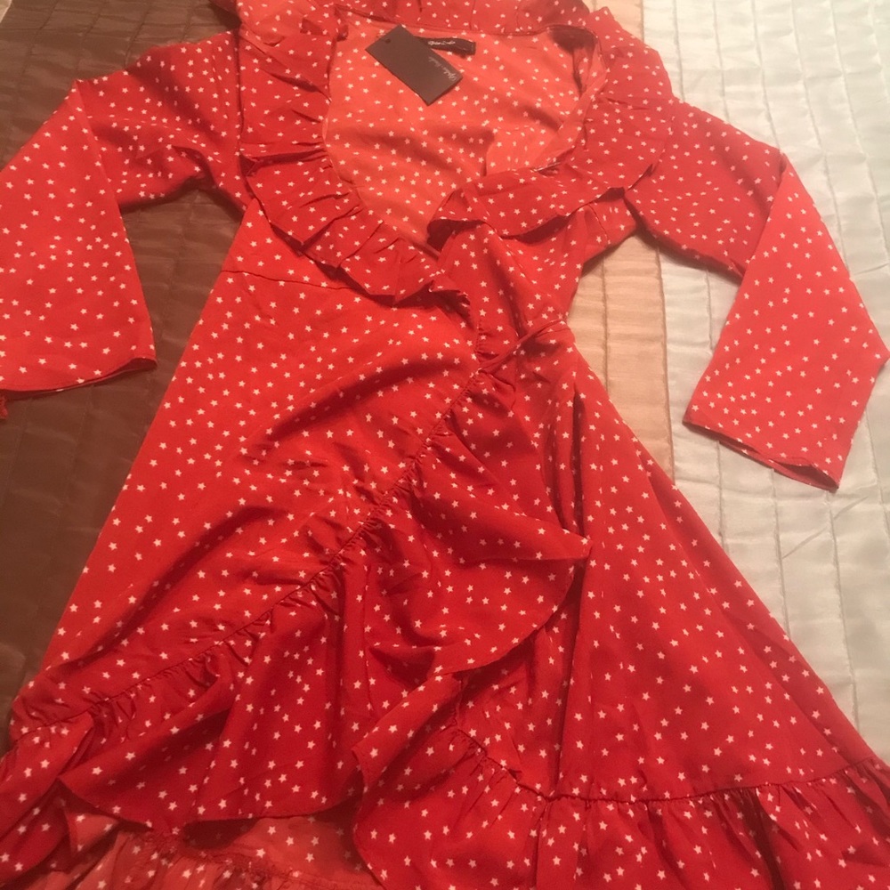 Red ruffle dress.